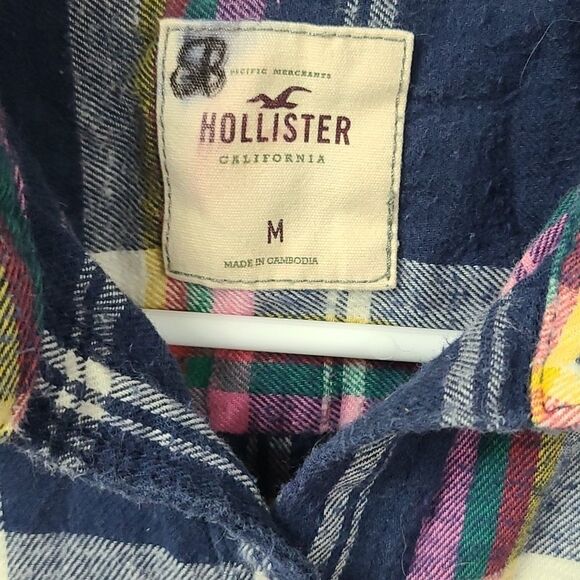 Hollister Blue Plaid Soft Flannel Roll up Long Sleeve Shirt Button Down Medium - Picture 6 of 10
